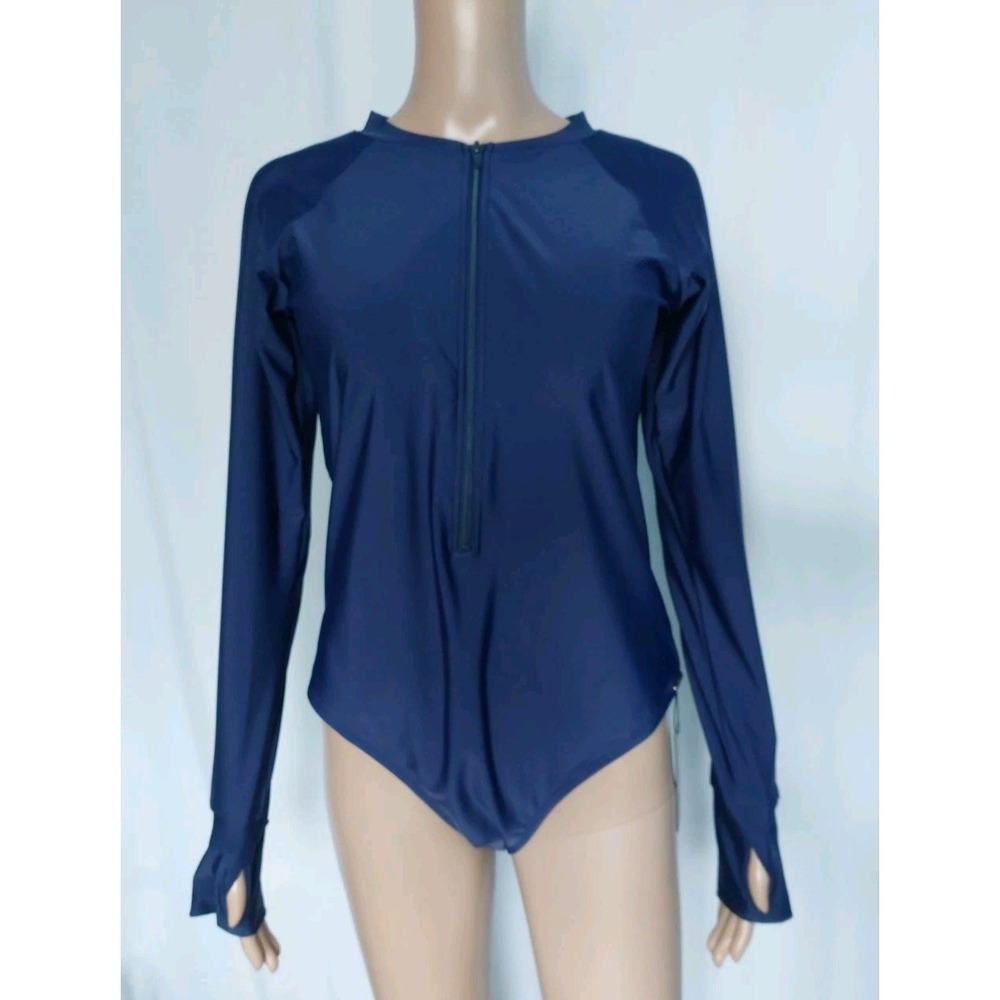 Relleciga one Piece Long Sleeve Swimsuit Womens Large Navy Blue Zip Up